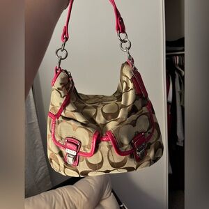 Coach Signature Hobo Shoulder Bag with Pink Trim